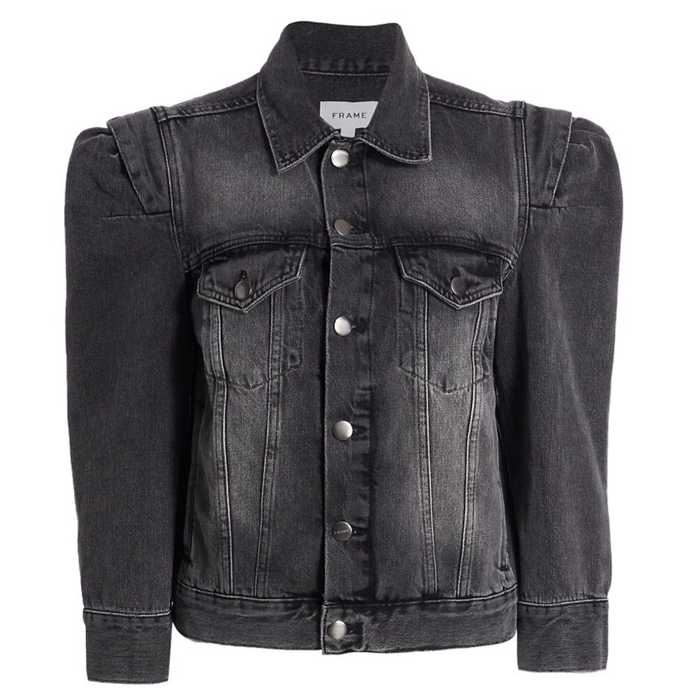Frame Denim Black Washed Puff-Sleeve Jean Jacket